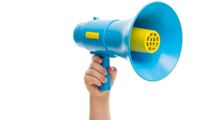 Hand holding a blue megaphone announcement or promotion concept isolat