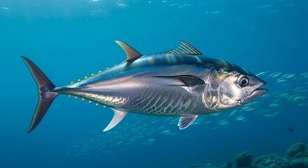 fish A lone tuna swims gracefully in the deep blue ocean, showcasing marine beauty, freedom, and natural underwater wildlife in its purest form.