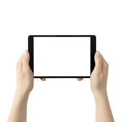 hand holding tablet with Blank Screen Isolated on Transparent Background
