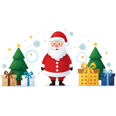 Santa Claus with Christmas trees and gift boxes