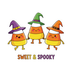 Three candy corn characters wearing witch hats and holding hands.