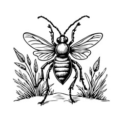 Stylized bee illustration amidst vegetation showcasing detailed wings and intricate body marking