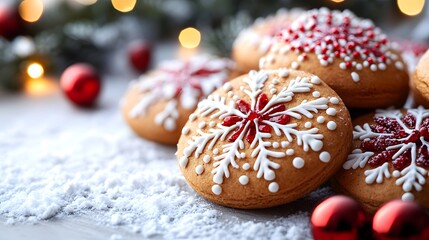 Delicious gingerbread cookies adorned with white and red icing in snowflake designs are displayed against a backdrop of holiday decorations and lights.