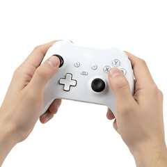 Man holding a Next generation white game controller isolated on transparent background