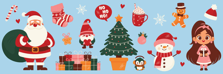 Winter Holiday Vector Set Santa Claus Snowman and Decorations.