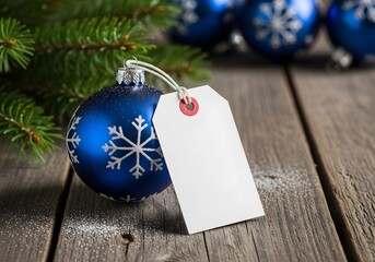 A vibrant blue Christmas ornament with snowflake designs and a blank tag rests on a rustic wooden surface, ready for a personalized message.