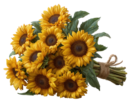 Cheerful yellow sunflower bouquet illustration with rustic tied stems. Happy and joyful floral arrangement perfect for celebration, greeting card or special event