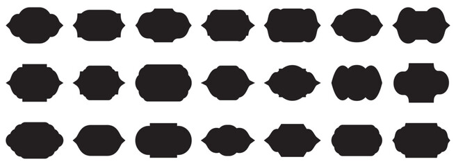 Black decorative label silhouettes, vintage frame shapes, retro outline badge, ornate geometric borders, empty tag design graphics, shield elegant royal crest emblem, retro sticker, Vector set. 