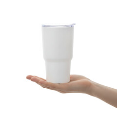 Hand Holding White Tumbler Isolated on Transparent Background
