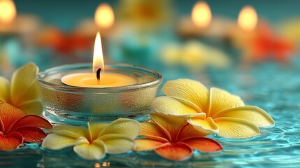 Serene spa scene with floating candles and vibrant tropical flowers