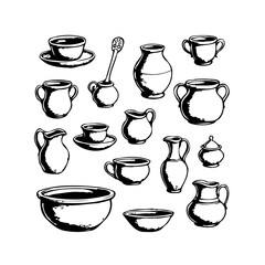 Vintage kitchenware sketch a charming array of hand drawn ceramic items and vessels for dining