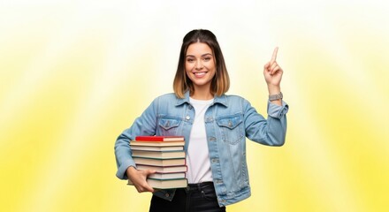 Smiling Young Woman in Denim Jacket Holding Stack of Books, Pointing Upwards