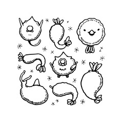 Whimsical doodle cartoon creatures float in a starry sky a playful illustration of imaginary