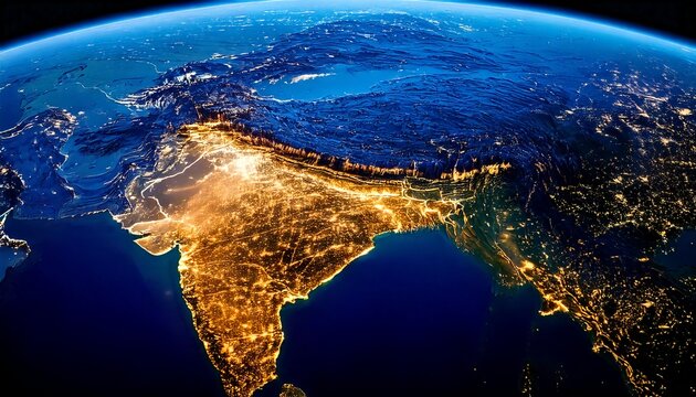 Planetary Perspective: Bright Urban Areas on the Earth's Curve Highlighting India's Dense Population at Night