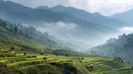 Obraz premium Misty mountain valley rice terraces