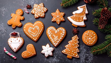 Festive gingerbread cookies arranged on a dark background (1)