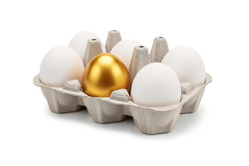 Golden Egg Among White Eggs in Carton Isolated on White Background