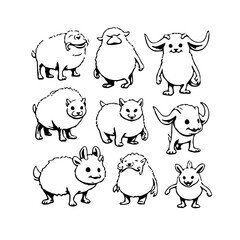 Whimsical monochrome cartoon characters collection of assorted cute creatures with unique features