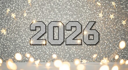 Sparkling 2026 New Year Celebration with Star Lights on Silver Glitter Background
