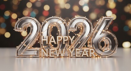 Sparkling 2026 New Year: Chrome Numbers, Warm String Lights, and Festive Bokeh