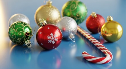 Sparkling Christmas Baubles, Red Snowflake Ornament, and Candy Cane on Reflective Blue