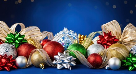 Sparkling Christmas Ornaments, Ribbons, and Bows on a Festive Blue Bokeh Background