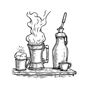 steaming coffee pot and cups sketch clip art preview