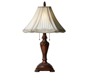Vintage table lamp with elegant carved wood base and pleated fabric shade. This classic light fixture provides warm, cozy illumination, perfect for home interior decor