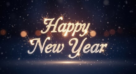 Sparkling "Happy New Year" text illuminated by bright sparklers against a dark, snowy background with bokeh lights.