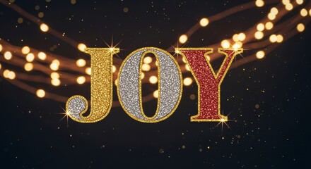 Sparkling "JOY" text with golden bokeh lights and glitter particles on a dark background