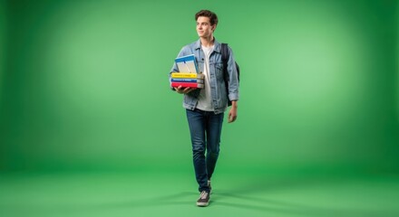 Student with Books on Green Screen: Denim Jacket, Backpack, and Forward Stride