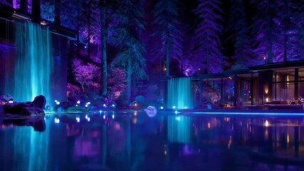 Illuminated waterfall at night serene waterscape in forest setting