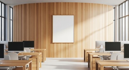 Sunlit Modern Office Interior with Curved Wood Wall and Central Blank Poster Mockup
