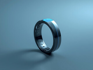 Sleek smart ring wearable glowing softly, biometric scan, minimal metal band vibe