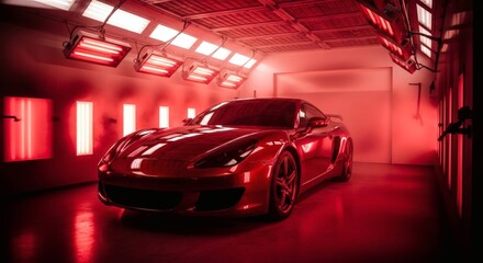 Red sports car in paint booth for automotive refinishing work