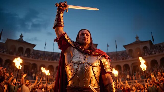 Gladiator stands in colosseum raising sword. Warrior wears armor and cape. Crowd holds torch behind combatant in arena. Champion waits for signal under dusk sky. Torch flame lights helmet and shield.