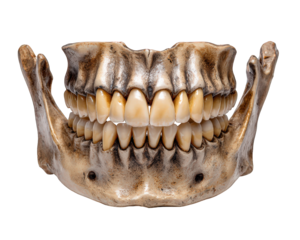 Creepy human jaw bone with yellow teeth shows dental anatomy. An old human skull part and eerie medical specimen, scary horror element isolated for detailed study or design