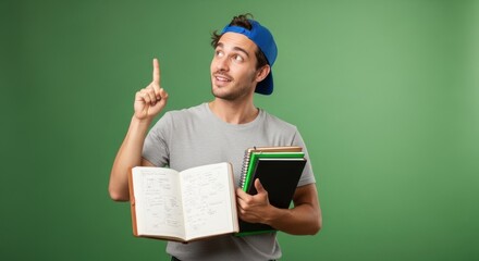 Thoughtful Student in Cap Points Up, Eureka Moment with Study Books on Green Background