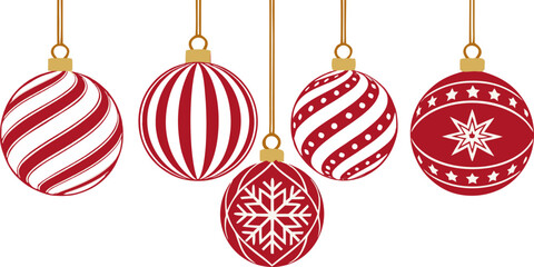 Christmas bauble set with red glossy ornaments, realistic lighting and shadows, hanging from golden strings, ideal for winter holiday illustrations.