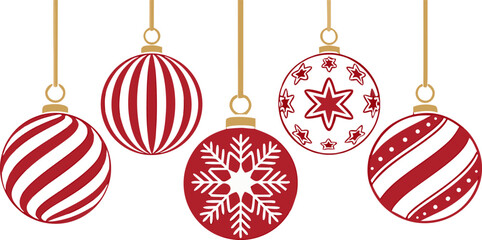 Realistic red Christmas baubles hanging on strings with metallic shine and soft reflections, isolated vector set for festive decoration and greeting cards.