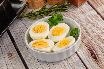 Boiled chicken eggs with bright yolk