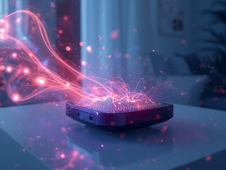 Dreamy smart device glow, edge AI energy flow, neon light, futuristic home vibe