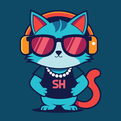 Cool cartoon cat wearing sunglasses and headphones dressed in a t shirt with a necklace ready to party and listen to music