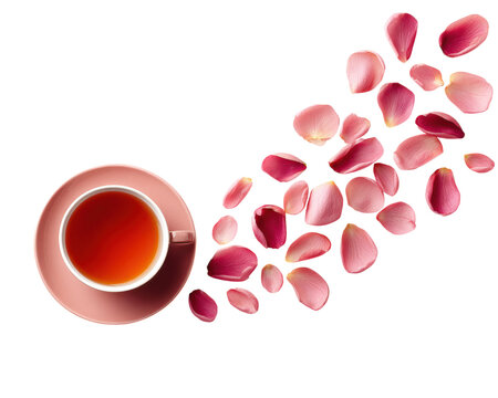 Cup of rose tea with pink petals scattered diagonally, creating flowing, elegant and calming composition isolated transparent Background.