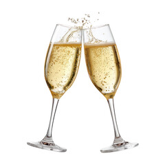Two champagne flutes gently touching in mid air, sparkling wine, celebration, isolated, festive, transparent background