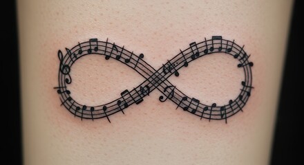 Tattoo of an infinity symbol with music notes representing continuous melody and rhythm art illustration