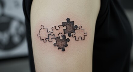 Tattoo of interlocking puzzle pieces on arm skin symbolic of connection and collaboration