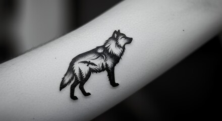 Wolf tattoo on arm in black and white detailed line art