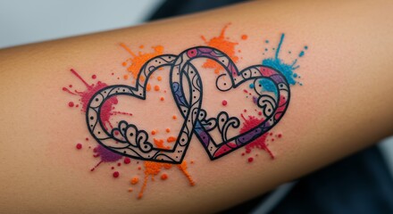Watercolor tattoo design of intertwined hearts on arm skin illustration