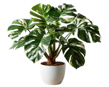 Beautiful variegated monstera plant with vibrant green and white leaf in white pot. lush tropical houseplant isolated for modern interior decoration, evoking natural calm
